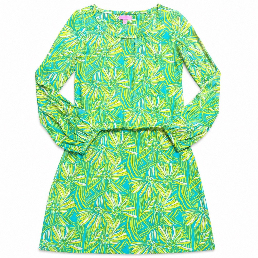 Lilly Pulitzer Seaweed Green Floral Long Sleeve Dress Small Elastic Waist Silk